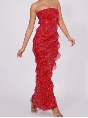 Oh Polly Embellished Bandeau Ruffled Maxi Dress- Red worn once